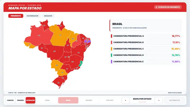 Tema Vermelho aplicado ao modo tv do módulo Eleições 2026